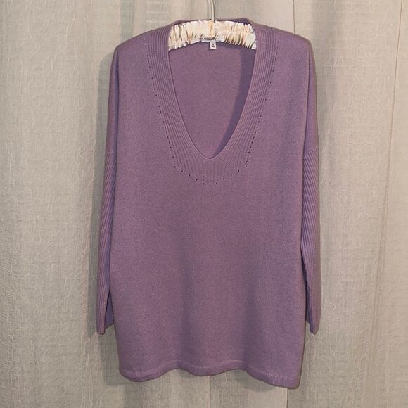 Talbots Haven M Lavender 💯Cashmere V neck Pullover Long Fine Knit Sweater - Picture 1 of 11
